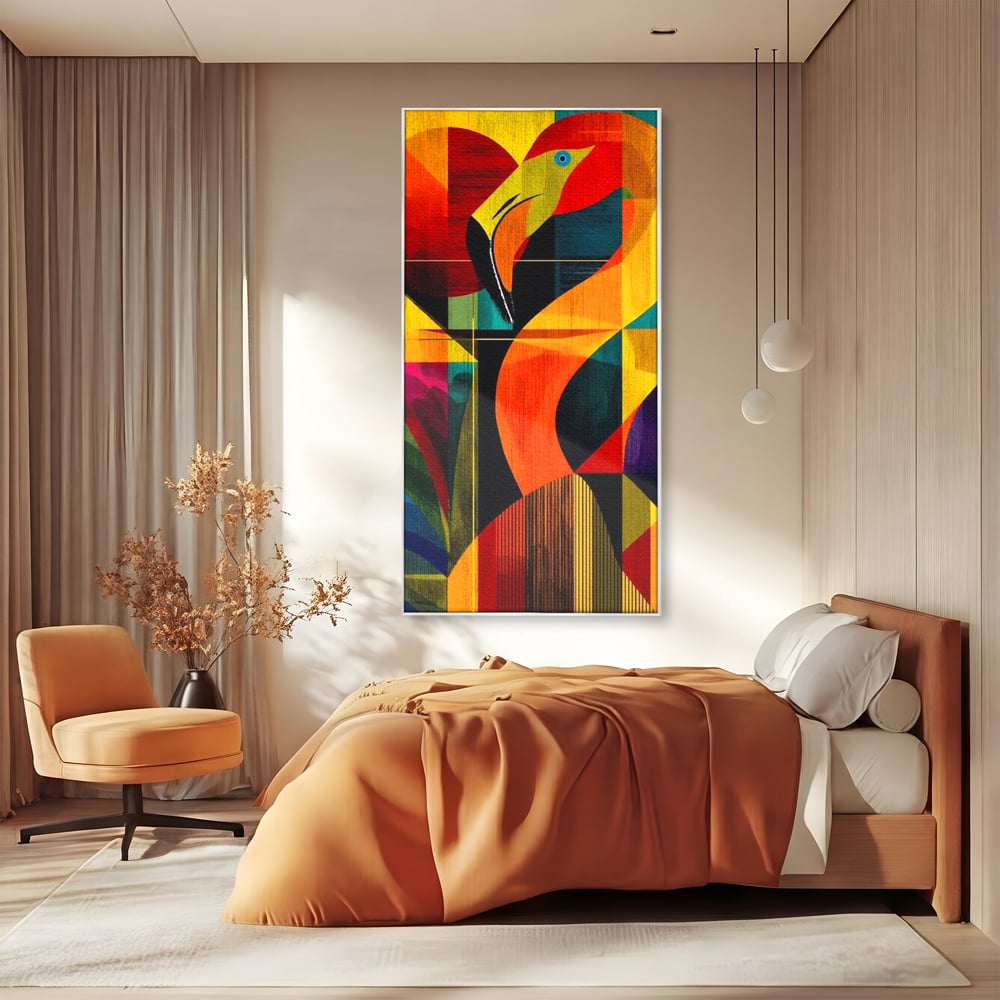 Tablou canvas cu tablou canvas cu flamingo geometric, in rama de aluminiu argintiu, pe perete intr-un dormitor